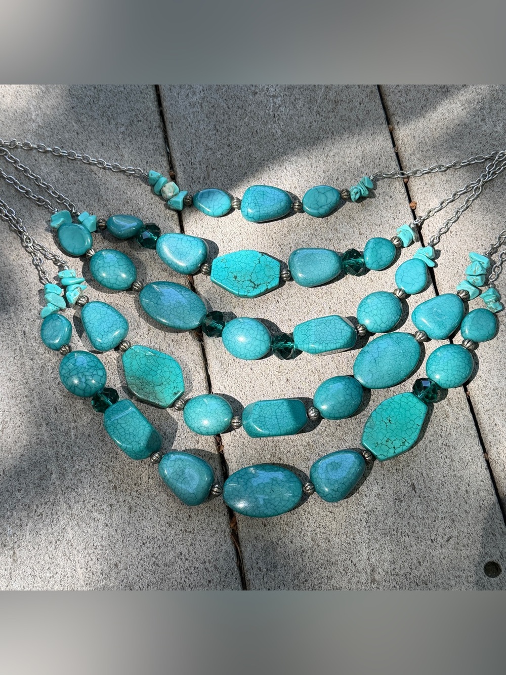 Multi Strand Layered Faux Turquoise Beaded Stone Statement Necklace Southwest - Picture 4 of 16